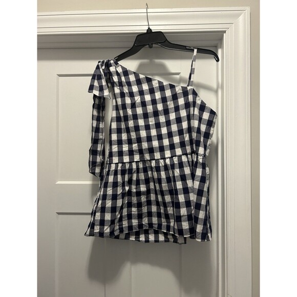 Aura Women's Size Large Navy Blue Gingham Peplum Summer One Shoulder Bow Top - Picture 4 of 5